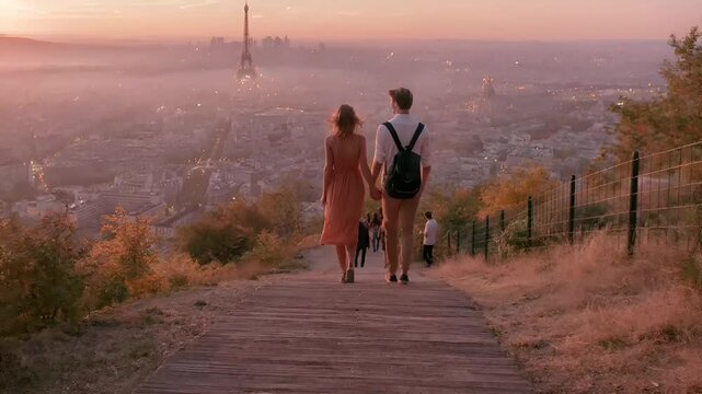 Paris, France, Europe. A vivid portrayal of a couple walking handinhand on a wooden path overlooking a cityscape at sunset. The sky is painted in warm hues of orange, pink, and purple.