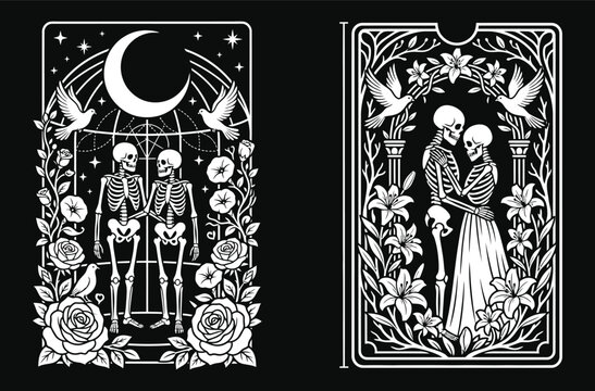 Romantic skeleton halloween tarot card vector illustration featuring loving skeletons in floral frames with moon and stars for occult gothic art