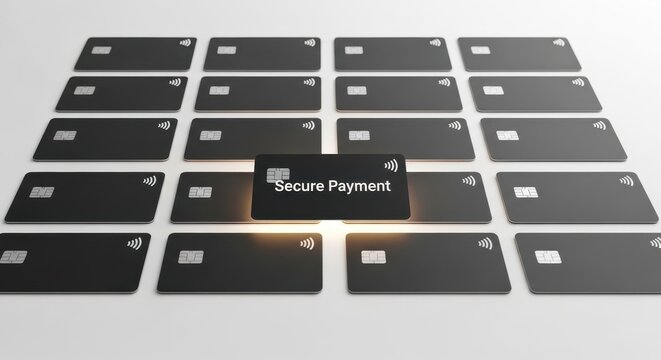 A grid of modern, sleek, and sophisticated dark matte plastic payment cards, featuring advanced EMV chips and contactless symbols, uniformly arranged with a central, hero card prominently illuminated