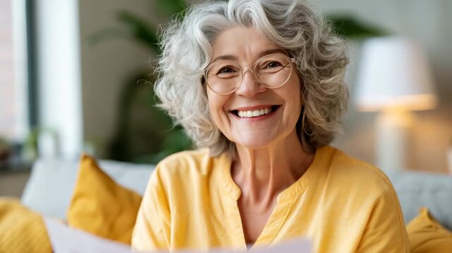 Senior woman examining a document on the couch in a bright home setting for background banner poster and retirement lifestyle design