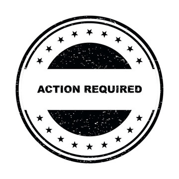 Black round stamp icon with the text action required in a vintage grunge style isolated on transparent background