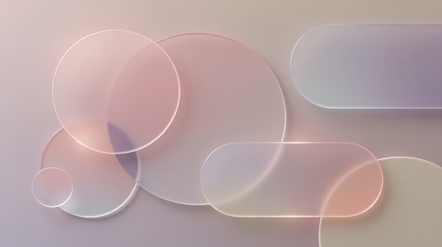 Abstract composition of translucent overlapping circles and rounded rectangles in soft pastel tones on a smooth gradient background.