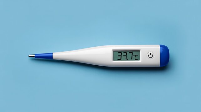 Digital thermometer device on blue background representing healthcare temperature measurement and medical equipment