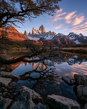 AI generator images of Towering granite peaks, bathed in the golden glow of the morning sun (alpenglow), contrast with the white snow and the water that clearly reflects the scene.