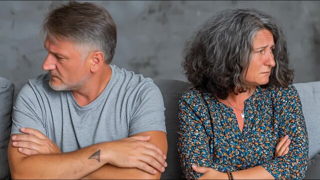A middle-aged couple sits with arms crossed, displaying visible tension, disapproval, and emotional distance during a.