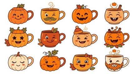 Fototapeta premium Set of cute hand drawn pumpkin coffee mugs with happy faces for helloween celebration and autumn season festive design elements collection