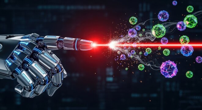 Sleek and powerful futuristic robotic arm, meticulously crafted from polished metallic components and illuminated with vibrant internal blue lights, precisely aiming and firing a brilliant red laser