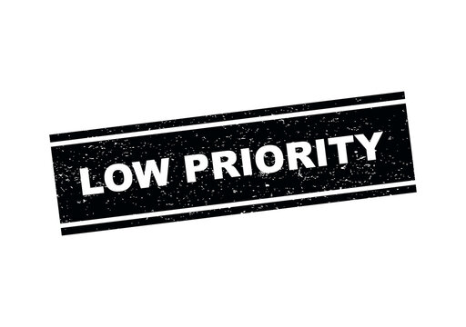 Low priority black rubber stamp impression with a textured grunge ink style isolated on transparent background