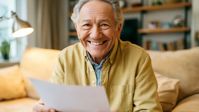 Senior man reading a letter on a couch at home background for retirement and healthcare brochure or family communication design