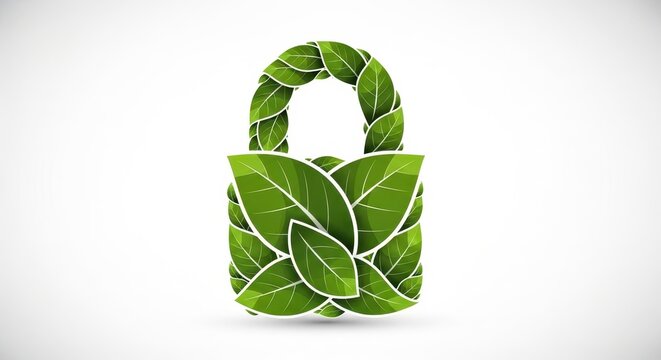 A vibrant, sustainable, and ecological padlock security symbol, intricately composed of numerous overlapping fresh green leaves, presenting a natural and protective vector illustration with subtle