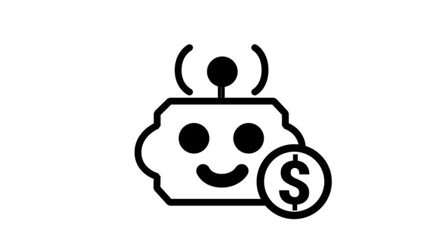 Financial AI Robot Dollar Coin Line Icon. Animated line icon of a friendly robot holding a dollar coin, perfect for fintech, automated trading, and banking.