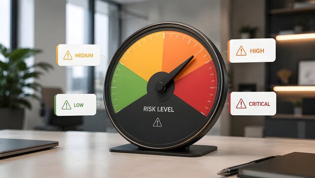 Business risk assessment and crisis management concept featuring a dashboard gauge measuring high to critical danger levels on an office desk