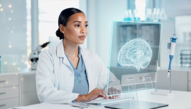 Editorial-style commercial photograph of a female scientist examining a transparent OLED display showing a detailed 3D brain scan in a modern medical laboratory. Concept of neuroscience, artificial in