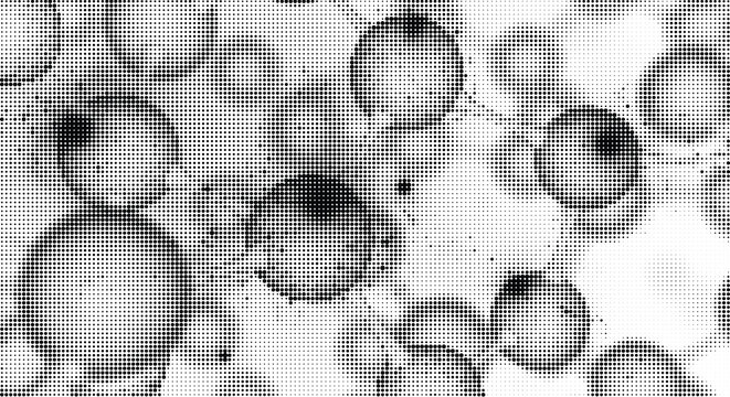Abstract circular pattern created with halftone dots in black and white, resembling bubbles or organic microscopic elements.