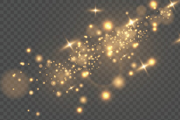Obraz premium Golden glittering light trail with glowing particles, sparkling stars and bokeh isolated on transparent background. Luxury magic dust vector overlay for Christmas and festive designs.
