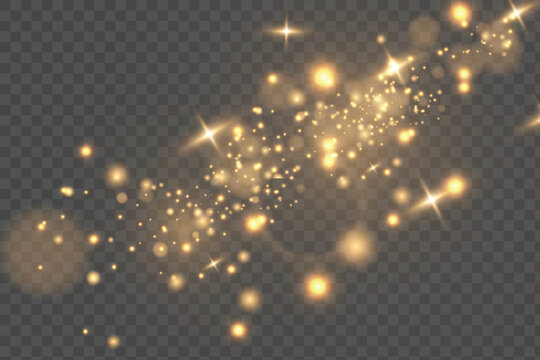 Golden glittering light trail with glowing particles, sparkling stars and bokeh isolated on transparent background. Luxury magic dust vector overlay for Christmas and festive designs.
