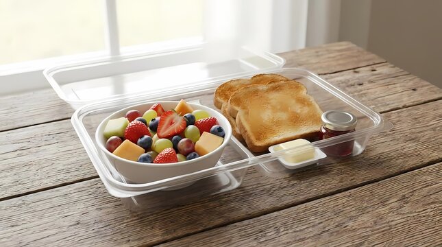 Takeout breakfast set with fruit salad and toast in plastic container.