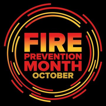Fire prevention month graphic design featuring bold typography and circular abstract elements isolated on a solid black background for awareness
