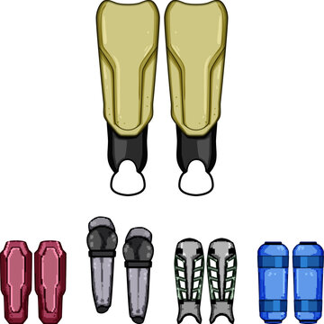Collection of various colorful protective gear for athletes including shin guards and pads, providing safety and impact defense for different sports activities