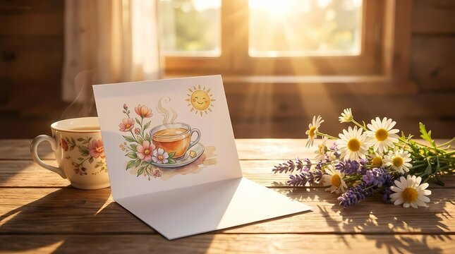 Tea cup and illustrated card on sunny wooden table.