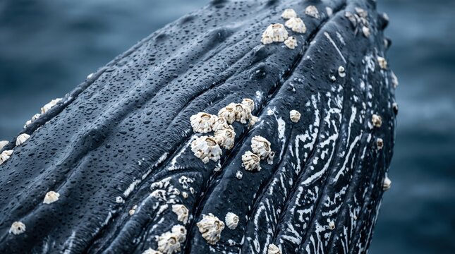 Close up of humpback whale head with barnacles and textured skin, detailed marine mammal portrait showing barnacle clusters and deep skin grooves