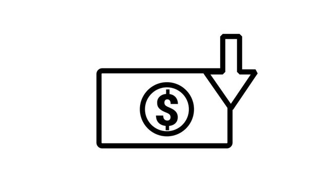 Dollar Money Cash Withdrawal Line Icon. Animated line icon depicting cash with a downward arrow, ideal for banking transactions, discount offers, and payment processing.
