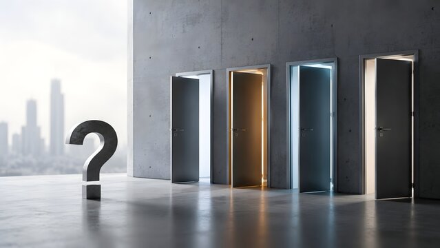 Business decision making and career choice concept featuring a question mark in front of multiple doors with one glowing path