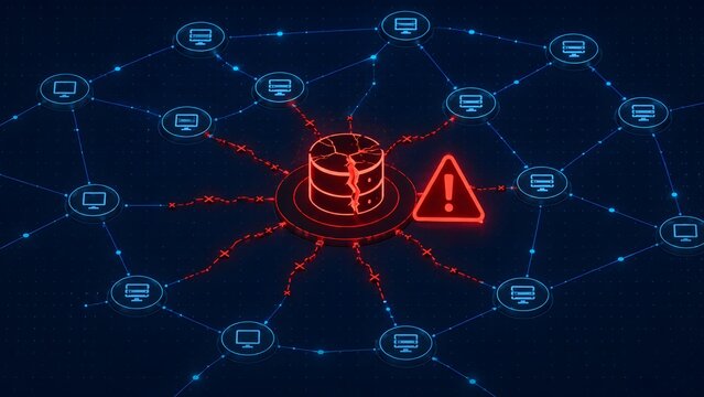 Cybersecurity data breach and network vulnerability concept showing a cracked central server with red warning sign disrupting connected computer nodes