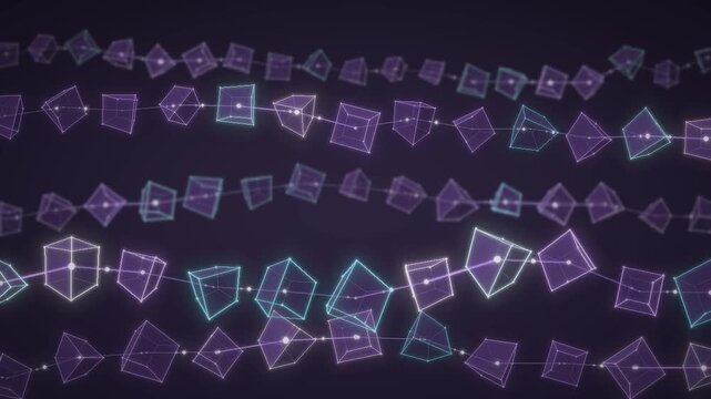 Blockchain cubes glowing wireframe blocks linked in a digital data network seamless loop in cool violet tones