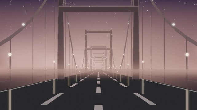 Suspension bridge cables converging toward the vanishing point at dusk, seamless loop in cool rose tones