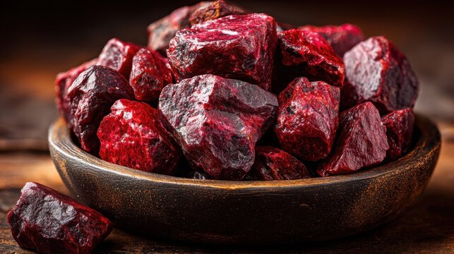 Pile of rough, deep red ruby gemstone rough stones in a wooden bowl, showcasing natural uncut mineral beauty.