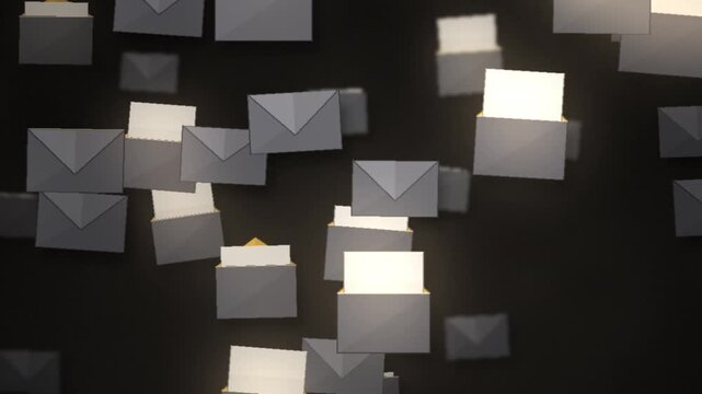 Opening Envelopes with Letters Sliding Out Mail Newsletter Motion Background Seamless Loop in deep charcoal tones