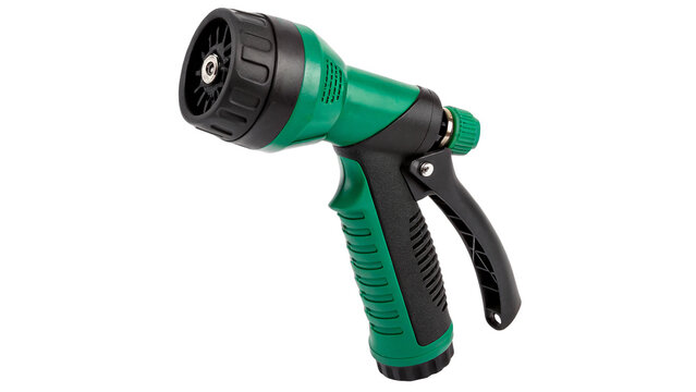 Green plastic professional garden hose spray nozzle isolated on transparent background for watering equipment