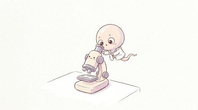 A cartoon sperm cell character looks through a microscope in a lab. The character appears curious about what it sees.