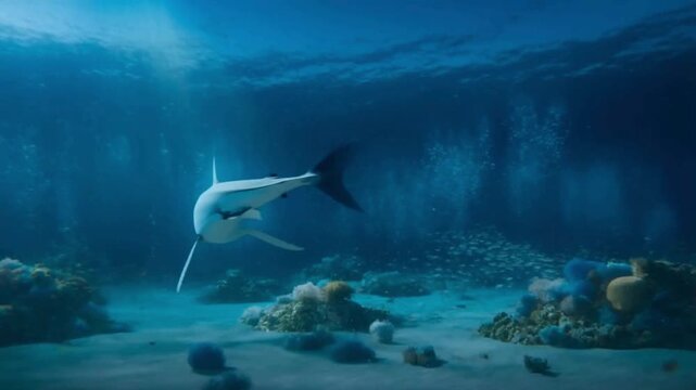A great white shark swimming gracefully in clear blue ocean waters.