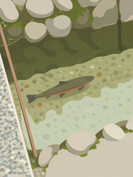 Flat Vector Illustration of a Fish Swimming in a Clear Stream with a Stone-Lined Waterway
