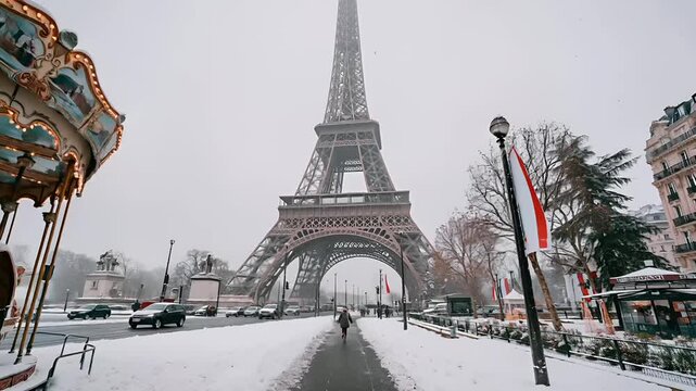 Paris, France, Europe. A vivid winter scene in Paris, France. The Eiffel Tower stands tall against a hazy, overcast sky. The scene is blanketed in a thick layer of snow.
