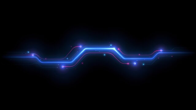 Glowing blue neon circuit line with red accents on black background