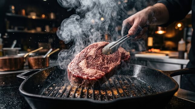 Chef searing ribeye steak on hot cast iron grill pan with tongs, smoky sizzling cooking action in busy restaurant kitchen for gourmet meal preparation