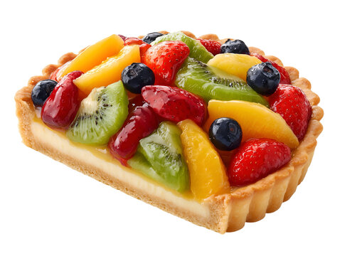 Rectangular fruit tart topped with kiwi, strawberries, peaches, and blueberries over smooth custard in a buttery pastry shell, isolated on white.