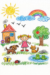 Naklejka premium Crayon Drawing of a Girl and Animals