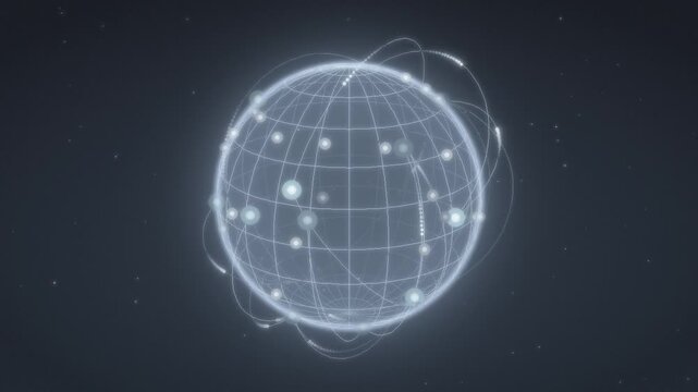 Rotating wireframe globe with glowing global network connection arcs seamless loop in calm steel tones