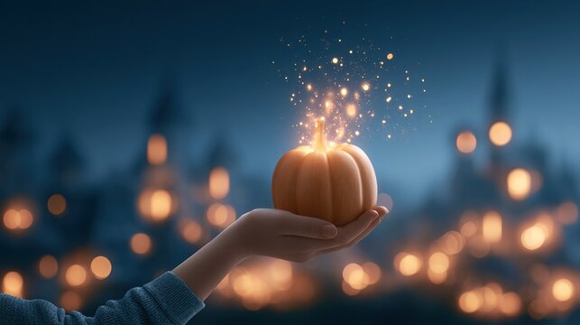 Close-up of child's hand holding small glowing pumpkin lantern, soft focus situated under twilight night canopy with ambient glow magical atmosphere