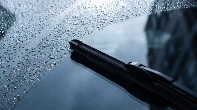 Car Windshield Wiper Clearing Rain Water During Wet Weather Driving