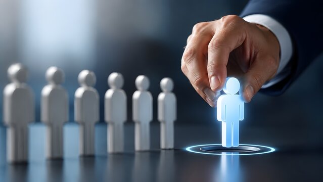 Human resources recruitment concept showing a business hand selecting a glowing blue candidate figure from a line of identical white applicants