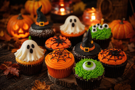 Delicious Halloween cupcakes decorated with ghosts, witch hats, and spider webs on a rustic wooden table with pumpkins and autumn leaves background.