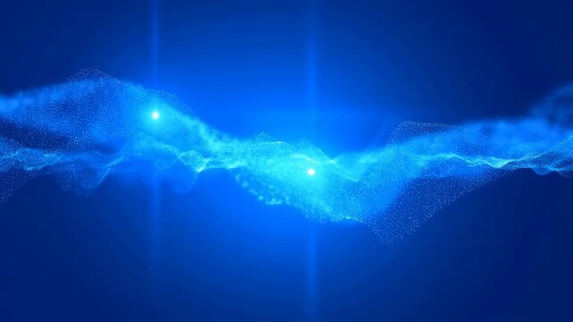 Flowing wave of glowing blue particles pulses and shimmers across a dark blue background. Layered composition combines glowing particle waves with flowing motion.