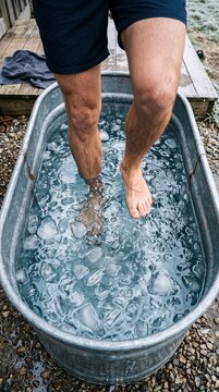 man stepping into ice bath for cold plunge