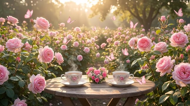 Tea set in rose garden.