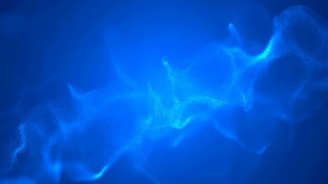 Blue glowing particles flow smoothly across a dark background forming undulating wave patterns with soft pulsing light. Flowing motion creates glowing light and atmospheric depth.